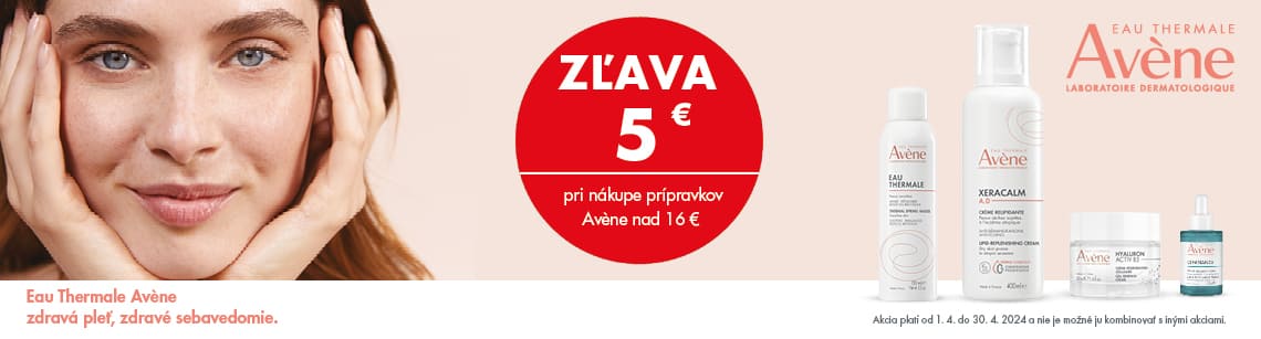 AVENE - zľava 5 € pri nákupe nad 16 € (okrem slnečnej ochrany)